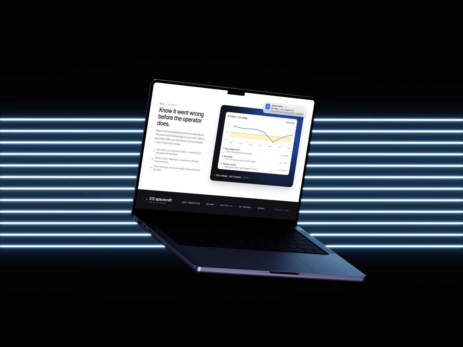 Aperture landing page shown on a laptop, dark neon interface
