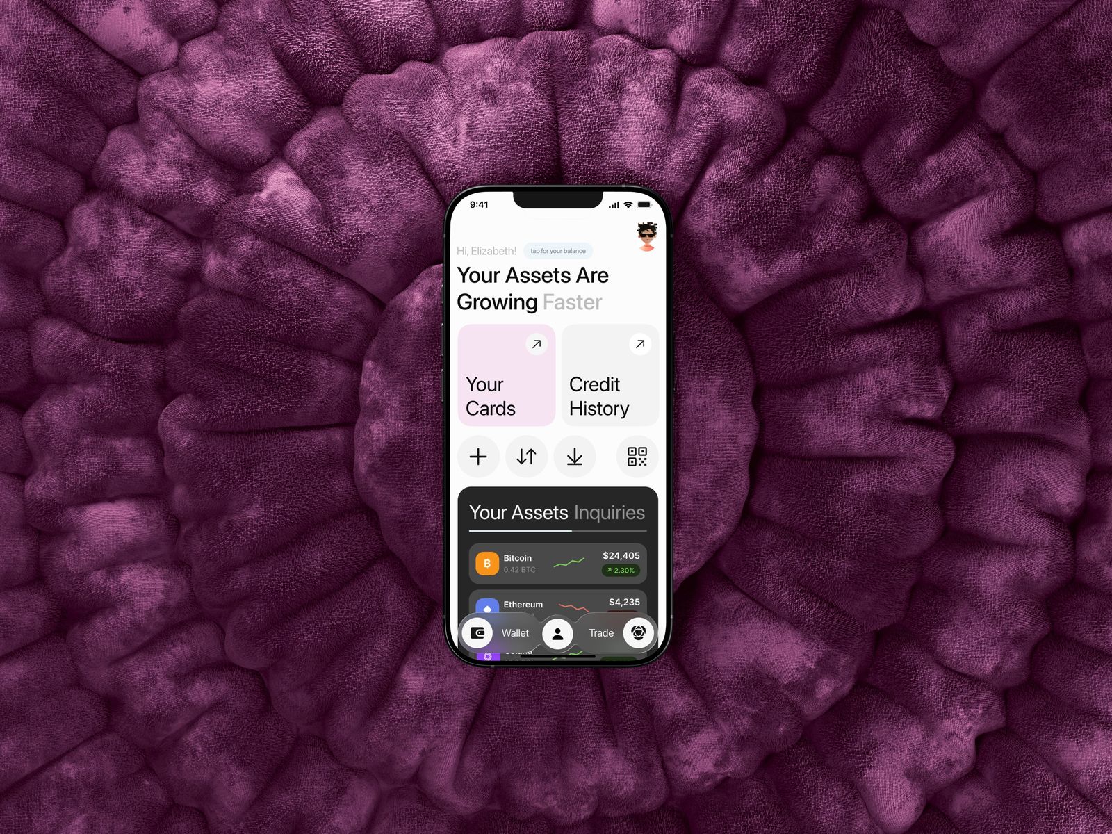 JIS crypto wallet app on a phone over a purple textured background