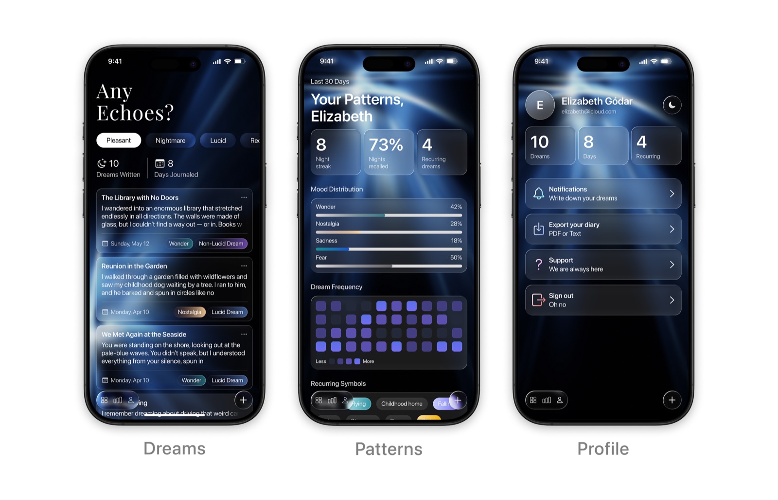 Echoes dream journal main screen