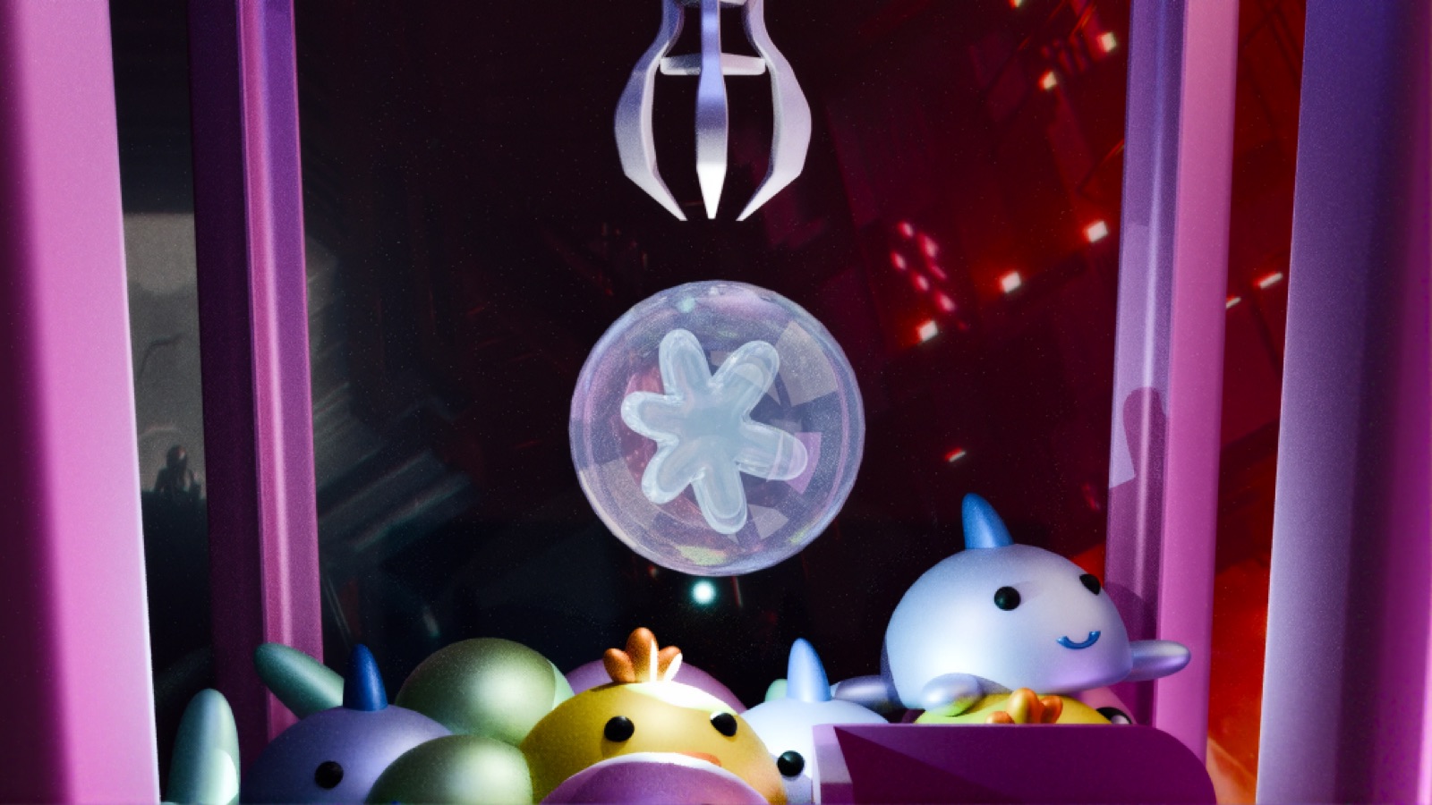 Follow the Light 3D render, claw machine wide shot