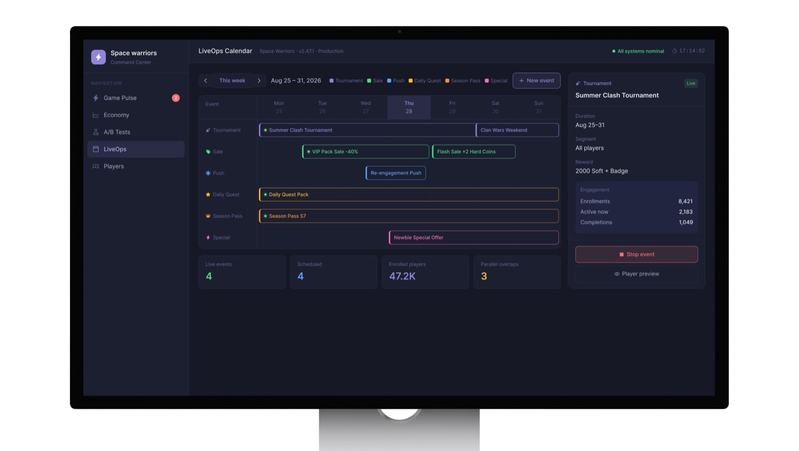LiveOps main dashboard screen